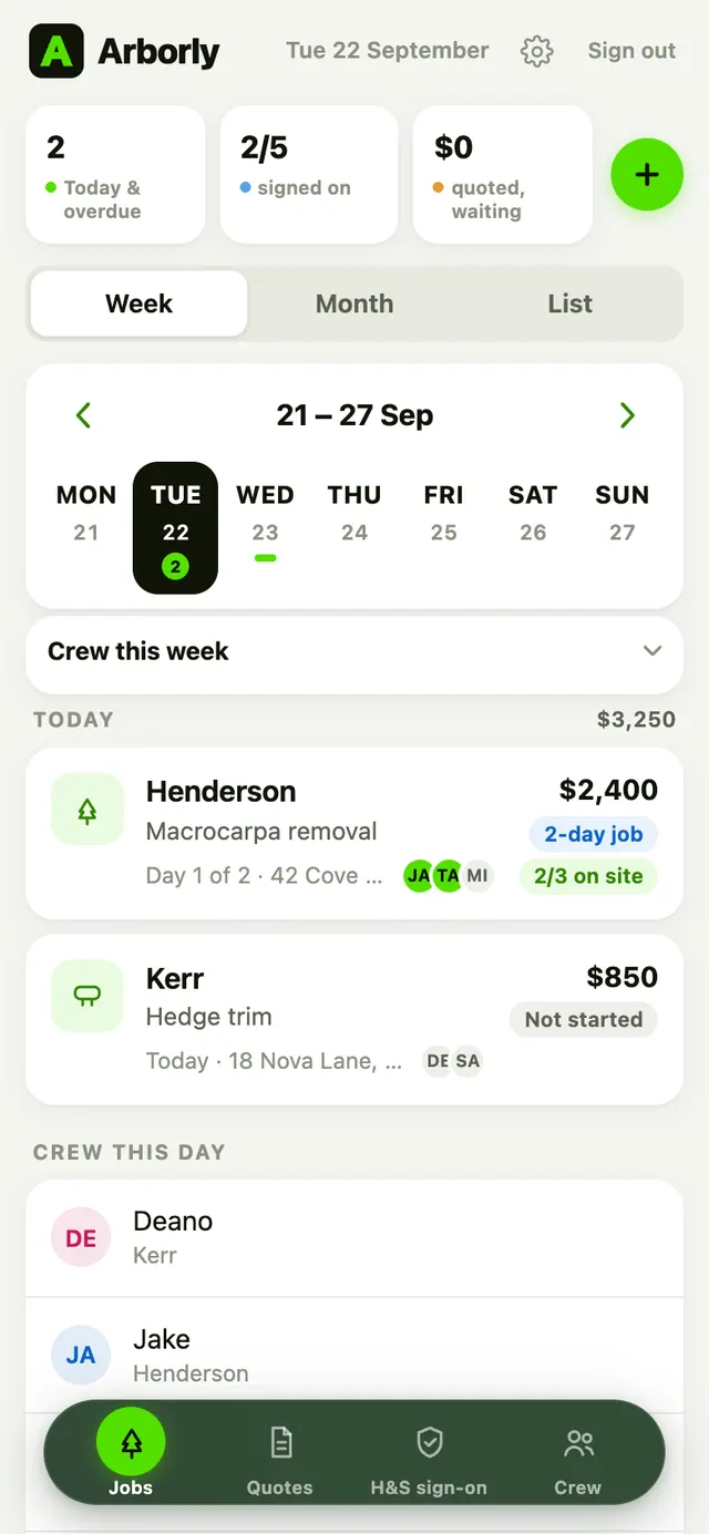 Arborly jobs screen on a phone